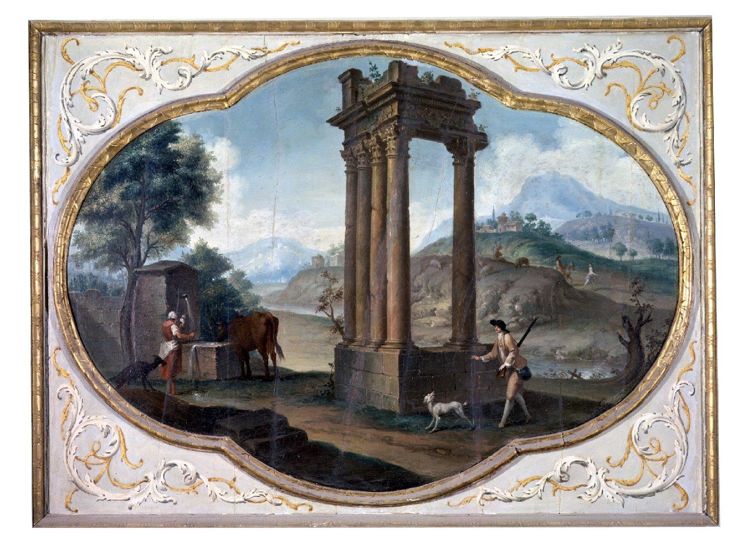 Sovrapporta: paesaggio con rovine e fontana, paesaggio (dipinto) di Scalvini Pietro, Gandini Saverio (sec. XVIII)