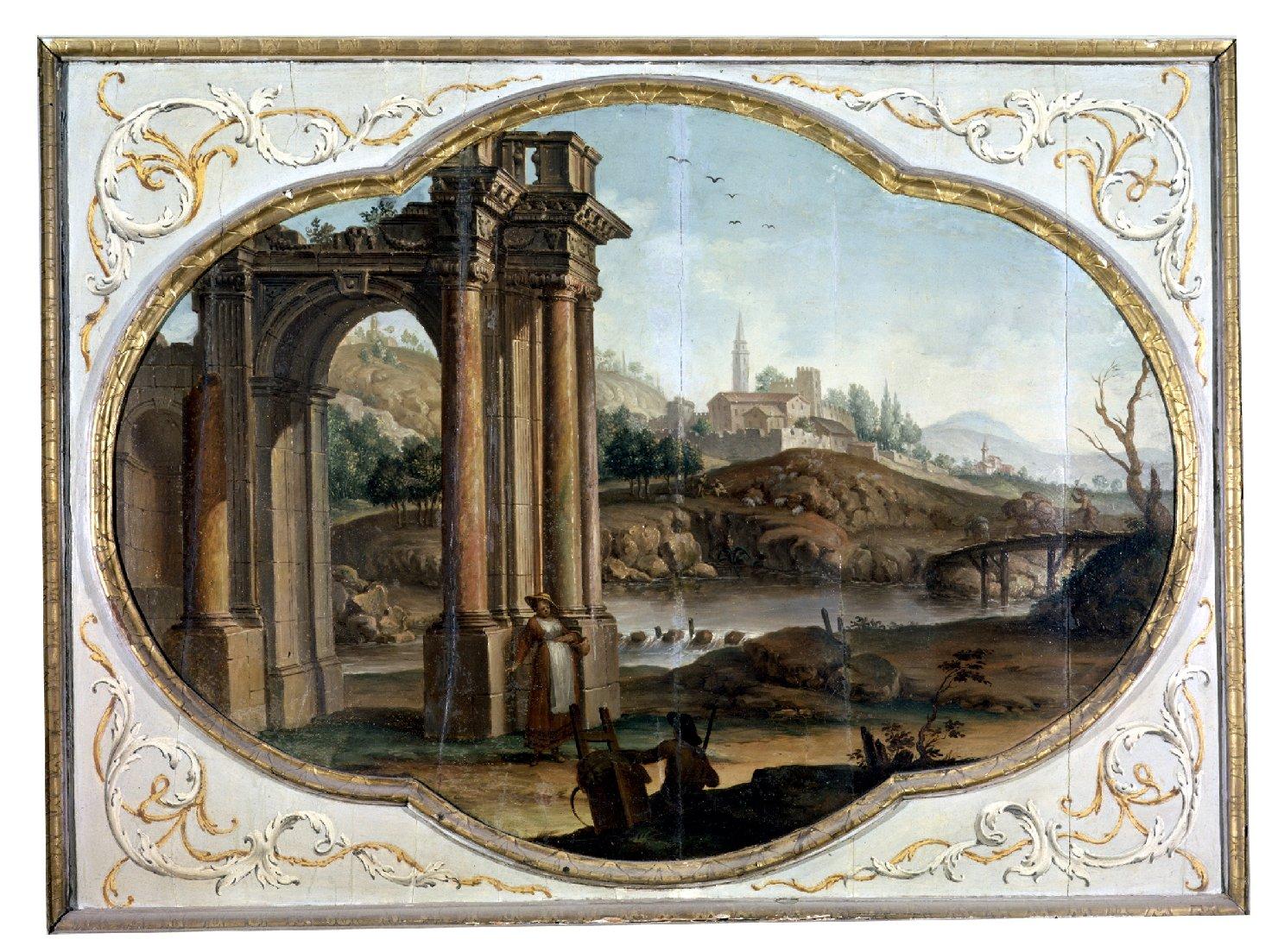 Sovrapporta:paesaggio con rovine e ponticello, paesaggio (dipinto) di Gandini Saverio, Scalvini Pietro (sec. XVIII)