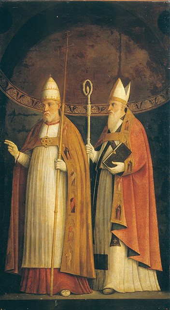 San Gregorio e Sant'Agostino, Padri della Chiesa (dipinto, opera isolata) di Rizzo Girolamo detto Girolamo da Santacroce (attribuito) (secondo quarto sec. XVI)