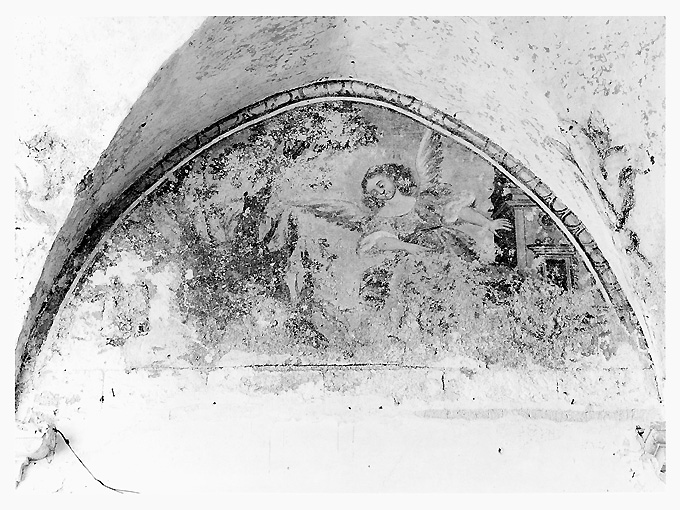 angelo che indica l'ingresso di una chiesa (dipinto) - ambito francescano (secc. XVII/ XVIII)