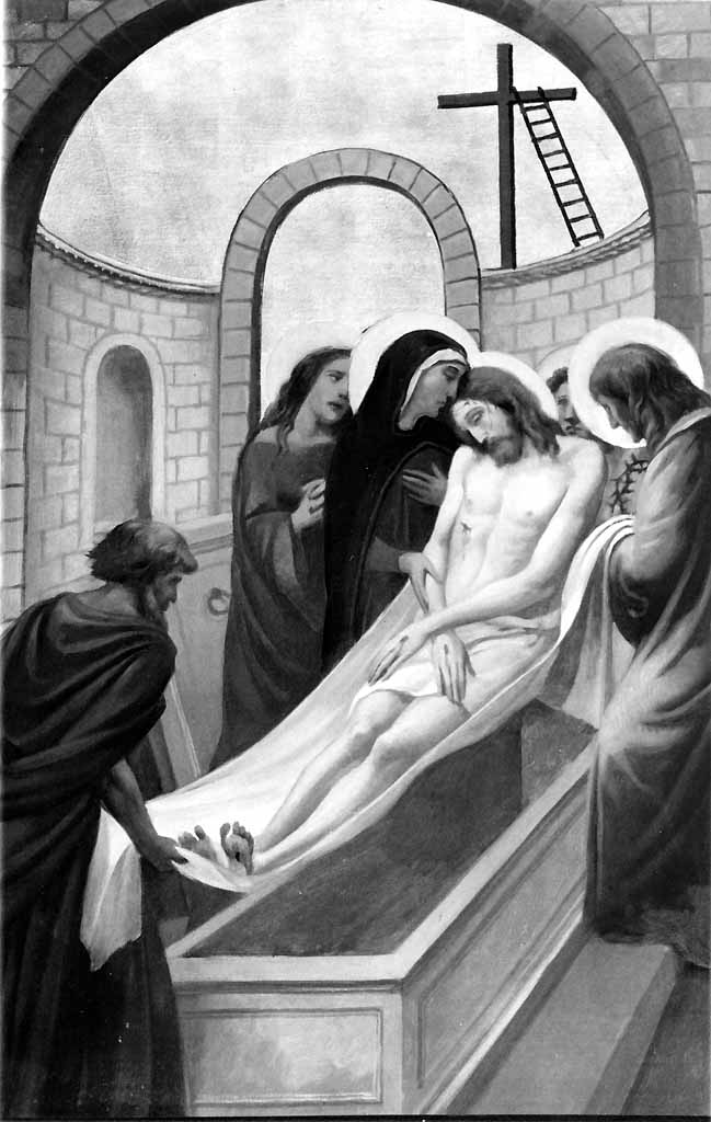 stazione XIV: Gesù deposto nel sepolcro (dipinto, elemento d'insieme) di Prayer Mario (sec. XX)