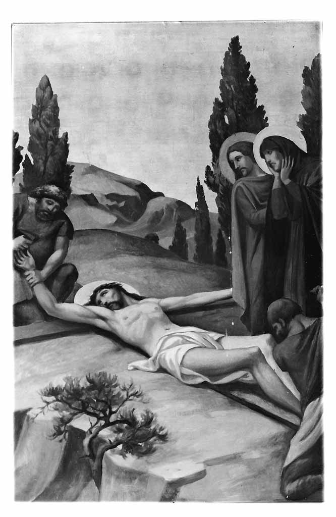 stazione XI: Gesù inchiodato alla croce (dipinto, elemento d'insieme) di Prayer Mario (sec. XX)