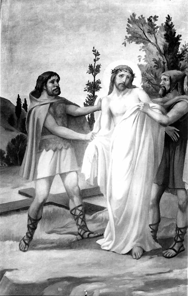 stazione X: Gesù spogliato e abbeverato di fiele (dipinto, elemento d'insieme) di Prayer Mario (sec. XX)