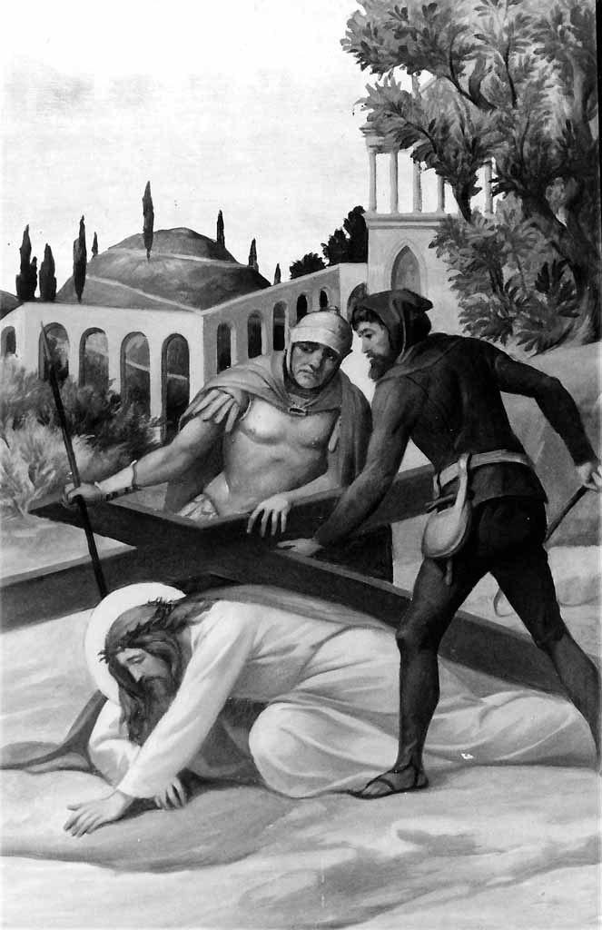 stazione IX: Gesù cade sotto la croce la terza volta (dipinto, elemento d'insieme) di Prayer Mario (sec. XX)