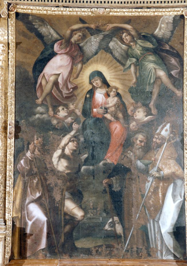 Madonna con Bambino tra angeli e Santi (dipinto) - ambito Italia meridionale (sec. XVII)