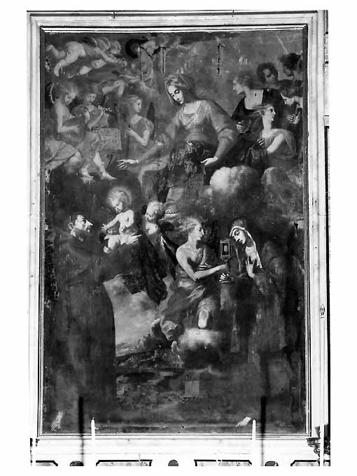 San Francesco d'Assisi riceve Gesù Bambino dalla Madonna con Santa Chiara (dipinto) di Rosa Carlo (attribuito) (sec. XVII)