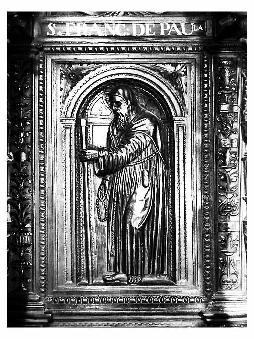 San Francesco di Paola (pannello di stallo di coro) di Bonafede Colantonio, Marzano Teodoro, Fanello Candilera de (sec. XVI)
