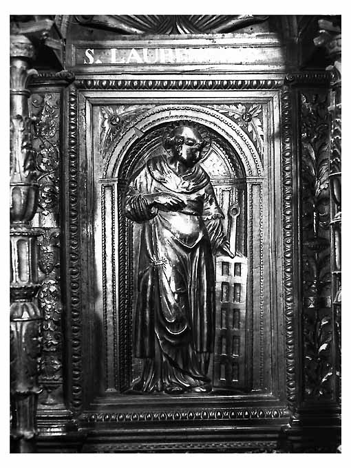 San Lorenzo (pannello di stallo di coro) di Bonafede Colantonio, Marzano Teodoro, Fanello Candilera de (sec. XVI)