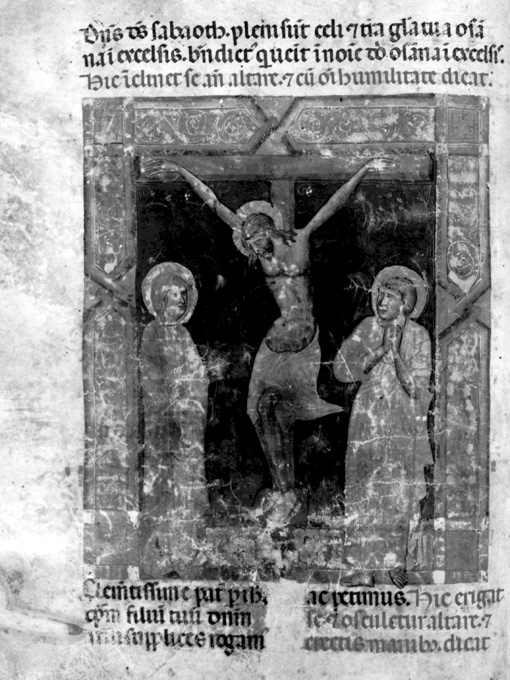 crocifissione di Cristo con la Madonna e san Giovanni evangelista (miniatura) - ambito umbro (fine sec. XIII)