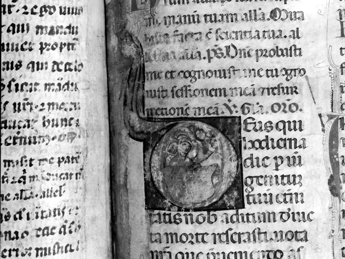 Lettera D con raffigurazione delle Pie donne al sepolcro (miniatura) - ambito umbro (fine sec. XIII)