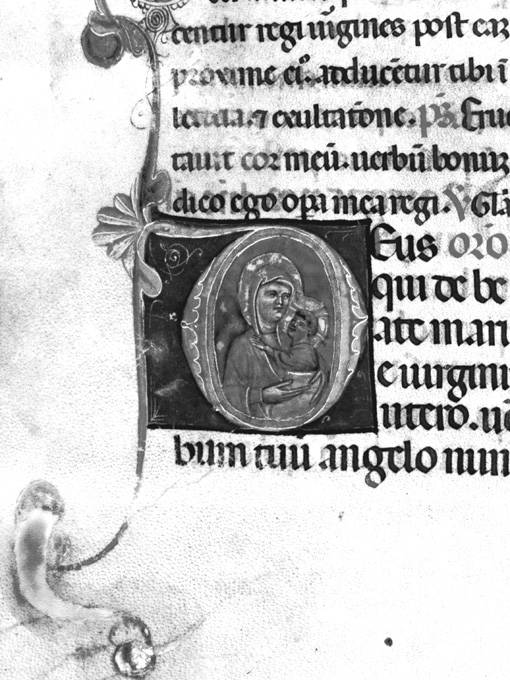 Lettera O con raffigurazione della Madonna con Bambino (miniatura) - ambito umbro (fine sec. XIII)