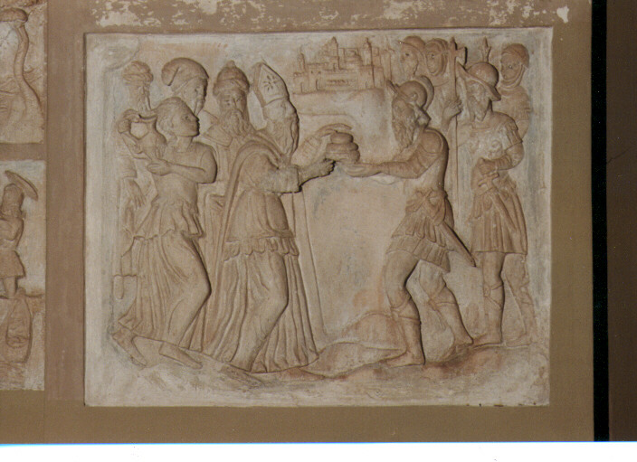 David riceve dal sacerdote Achimelek i pani sacri (formella) - ambito Italia meridionale (ultimo quarto sec. XVI)