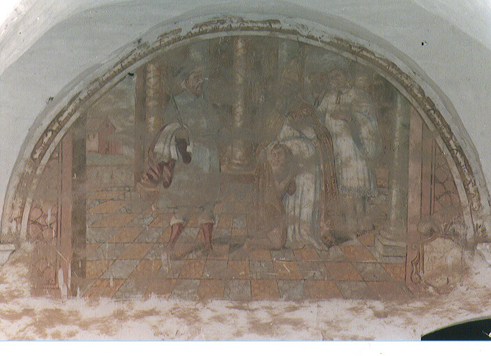 Francesco rinuncia agli averi del padre e si rifugia sotto il mantello de Vescovo Guido (dipinto) - ambito Italia meridionale (prima metà sec. XVIII)