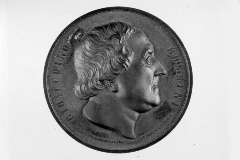 ritratto di Gioacchino Rossini (medaglia) di Vagnetti F (e aiuti) (fine sec. XIX)
