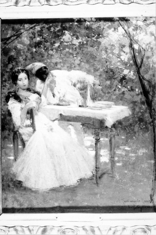 Pulcinella e Colombina, Maschere napoletane in giardino (dipinto) di Postiglione Luca (secc. XIX/ XX)