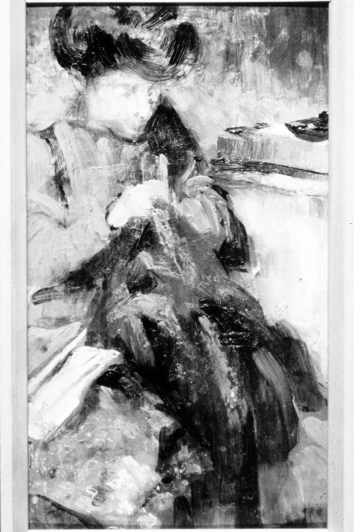 Donna che cuce (dipinto) di Girondi Raffaele (secc. XIX/ XX)