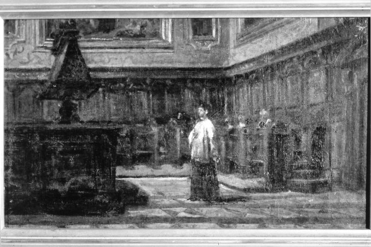 Figura di prete dinanzi ad un leggio, architettura (dipinto) di Girondi Raffaele (secc. XIX/ XX)