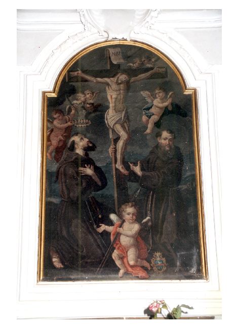 Gesù Crocifisso, san Fedele da Sigmaringa e san Giuseppe da Leonessa (dipinto) di De Musso Giuseppe (bottega) (sec. XVIII)