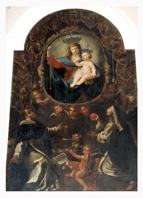 Madonna del Rosario, Madonna con bambino, san Domenico, santa Caterina, i quindici misteri (dipinto) di De Musso Giuseppe (sec. XVIII)