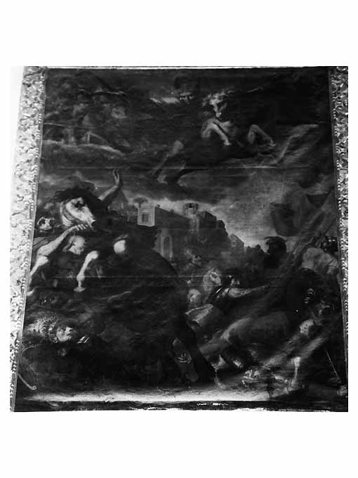 scena di battaglia con Santo Vescovo (dipinto) di Rosa Carlo (sec. XVII)