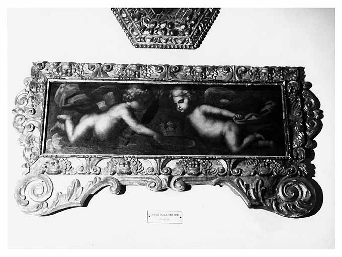 Putti con corone e palma del martirio (dipinto) di Rosa Carlo (attribuito) (sec. XVII)