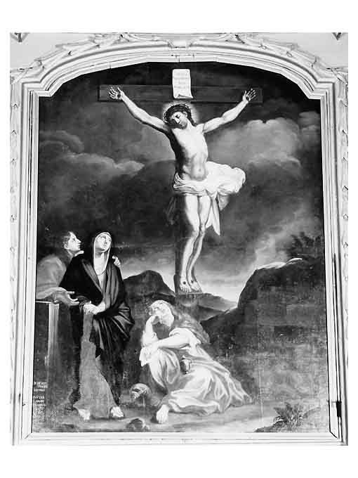 Cristo crocifisso con la Madonna, San Giovanni Evangelista e Santa Maria Maddalena (dipinto) di Lanari Paolo (sec. XVIII)