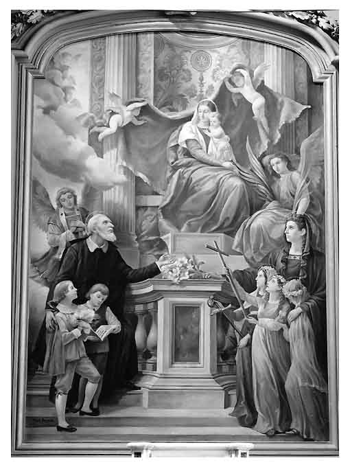 Madonna con Bambino in trono tra san Filippo Neri, santa Sofia, figlie di santa Sofia, fanciulli e angeli (dipinto) di Prayer Mario (sec. XX)