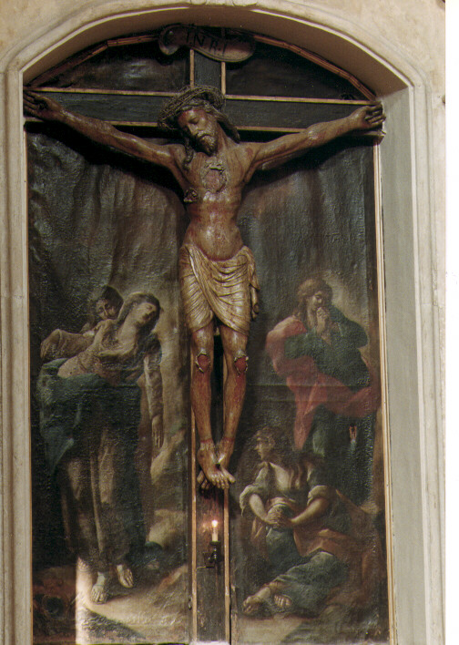 Cristo crocifisso con la Madonna, San Giovanni Evangelista e Santa Maria Maddalena (dipinto) - ambito Italia meridionale (seconda metà sec. XVII)