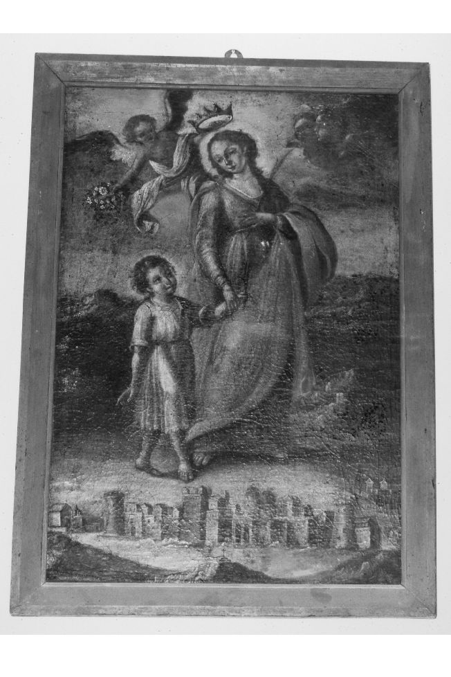 San Quirico e santa Giulitta con veduta prospettica del paese (dipinto) - ambito pugliese (ultimo quarto sec. XVIII)