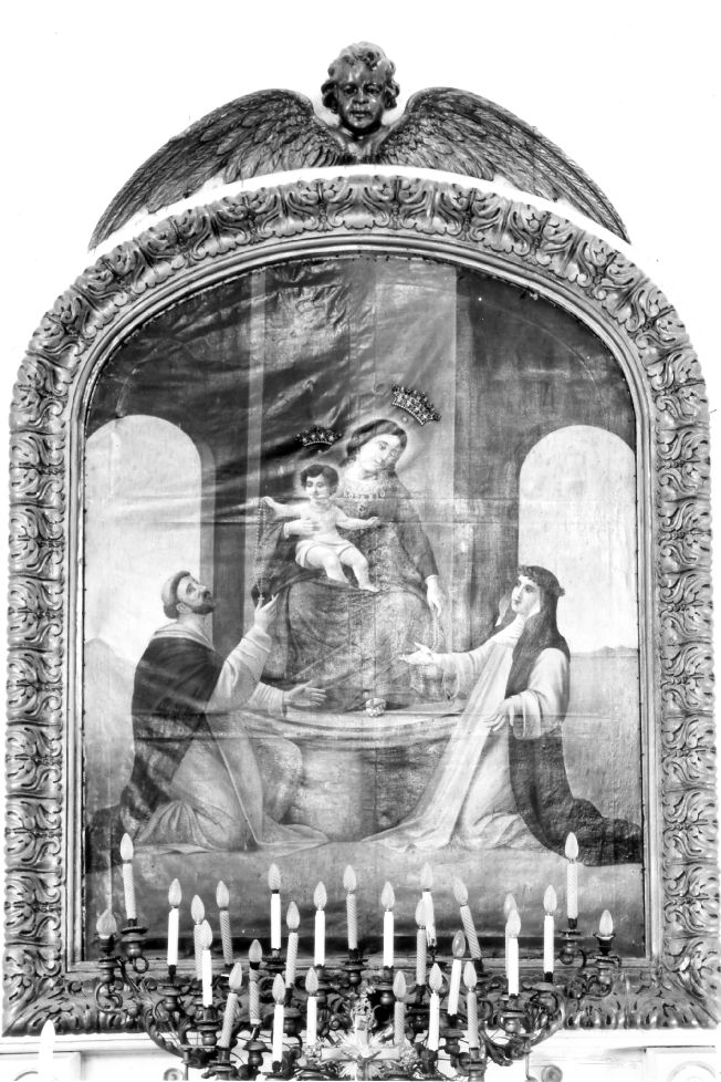 Madonna del Rosario, Madonna con Bambino tra san Domenico di Guzman e santa Caterina da Siena (dipinto) di Corriero Nicola (sec. XIX)