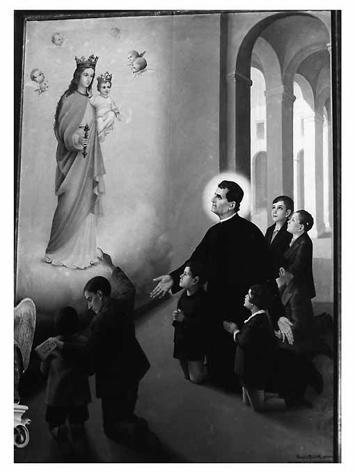 Madonna con Bambino, san Giovanni Bosco e fanciulli (dipinto) di Messia Franco (sec. XX)