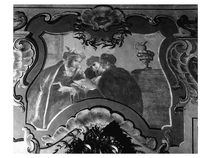 Tre studenti intorno ad un libro aperto (dipinto) di Carella Domenico Antonio (sec. XVIII)