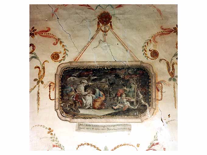 Scena di genere con banchetto e attivita' domestiche di famiglia contadina (dipinto, coppia) - ambito Italia meridionale (fine/inizio secc. XVIII/ XIX)