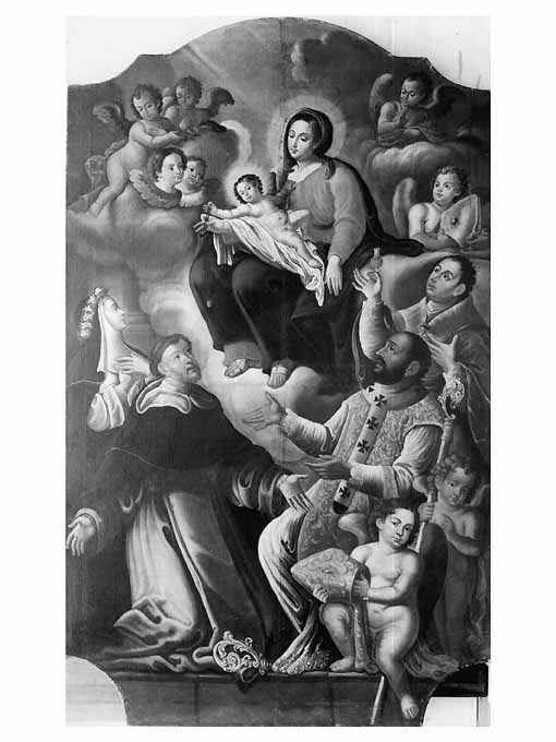Madonna del Rosario, Madonna con Bambino, san Domenico, santa Caterina, san Gennaro, santo vescovo (dipinto) - ambito Italia meridionale (seconda metà sec. XVIII)