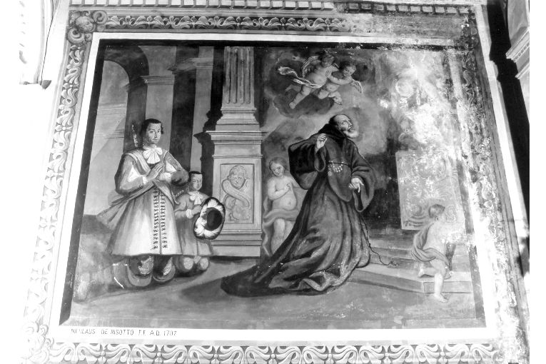 San Francesco di Paola in adorazione con figure di donatori (dipinto) - ambito pugliese (sec. XVIII)