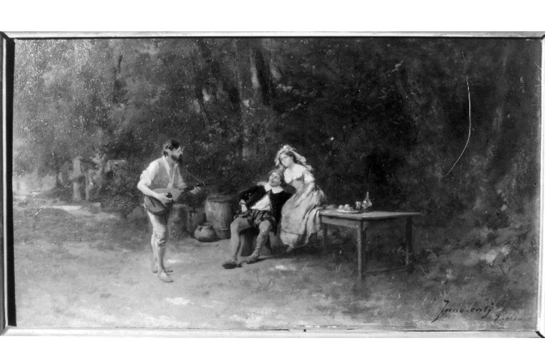 Cantore napoletano, suonatore di liuto che allieta una coppia nel bosco (dipinto, opera isolata) di Innocenti Camillo (inizio sec. XX)