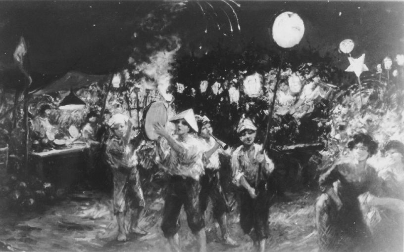 Festa di paese, festa di paese con lanterne e suonatori (dipinto, opera isolata) - ambito napoletano (inizio sec. XX)