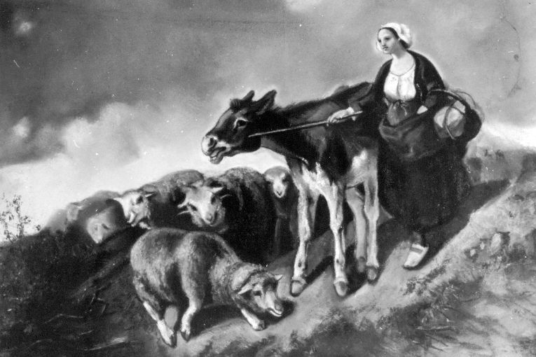 donna che pascola le pecore (dipinto, opera isolata) - ambito napoletano (seconda metà sec. XIX)