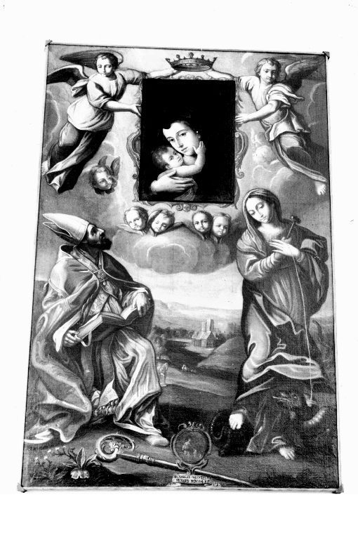 Santo vescovo, santa Margherita di Antiochia, angeli, cherubini, Madonna con Bambino; stemma (dipinto) - produzione pugliese (sec. XVIII)