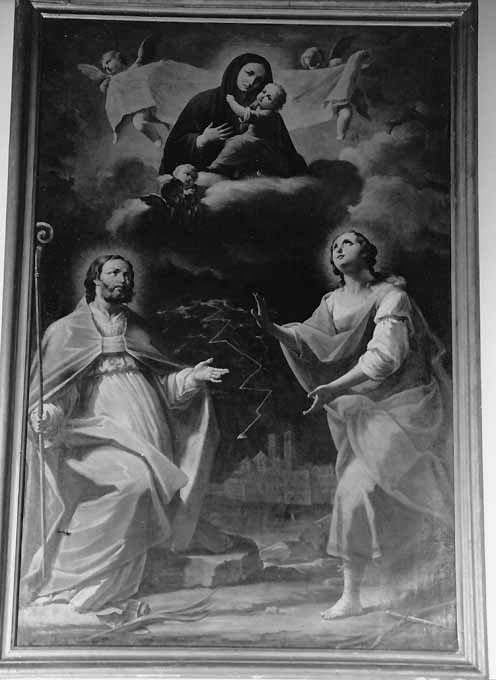 Madonna dei Martiri con santi, Madonna con Bambino tra San Liborio, San Giuliano e angeli (dipinto) di Porta Nicola (metà sec. XVIII)