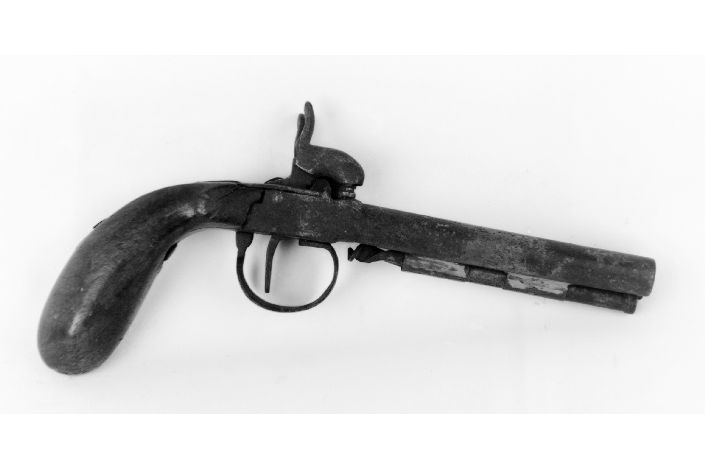 pistola a luminello a due canne, opera isolata - produzione belga (sec. XIX)