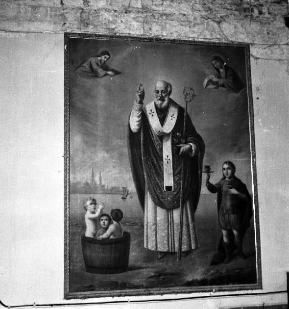 San Nicola di Bari con i tre chierici e Adeodato (dipinto) di Montrone di Bari (attribuito) (sec. XX)
