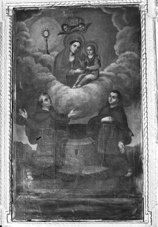 Madonna del Pozzo, Madonna con Bambino, cherubini, Santi francescani (dipinto) di Musso fratelli (bottega) (sec. XVIII)