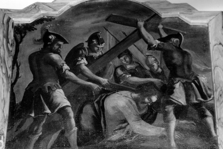 stazione VII: Gesù cade sotto la croce la seconda volta (dipinto) di Pagliano Giuseppe (sec. XIX)