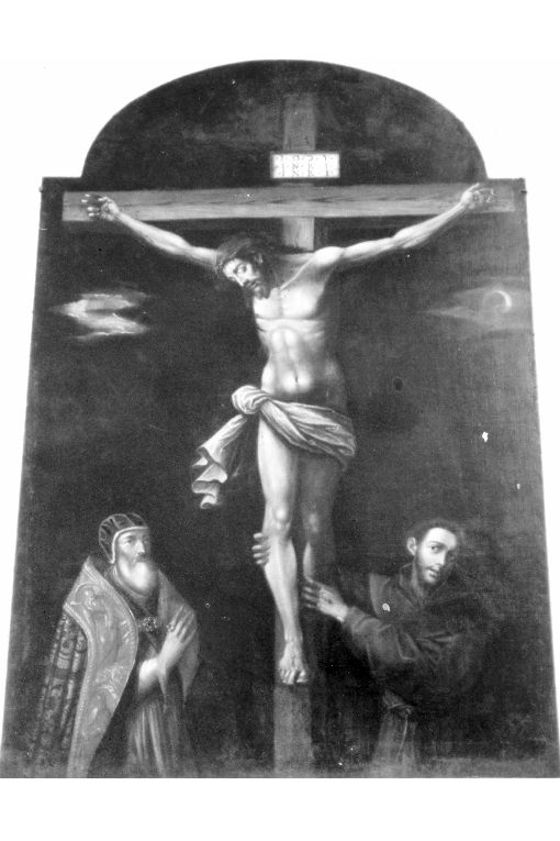 Gesù Crocifisso tra papa Pio V e san Francesco (dipinto) di Mariano Vito Antonio (attribuito) (sec. XVII)