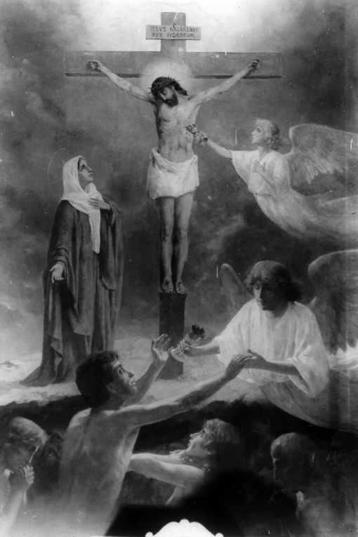 Cristo crocifisso e anime del purgatorio (dipinto) di Scorrano Luigi (secc. XIX/ XX)