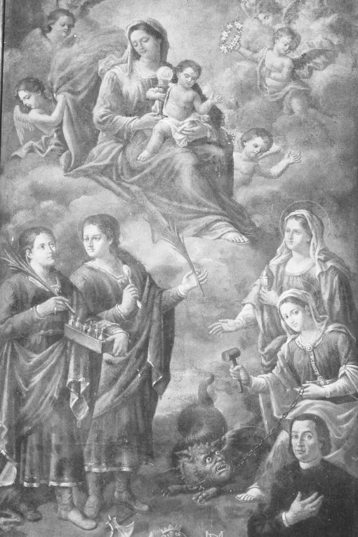 Madonna con Bambino e Santi Cosma e Damiano, Sante Marta e Maddalena, committente (dipinto, opera isolata) di M. D (sec. XVIII)