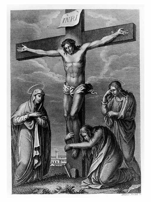Cristo crocifisso con la Madonna, Santa Maria Maddalena, San Giovanni evangelista (stampa) di Mochetti Alessandro (attribuito) (secc. XVIII/ XIX)