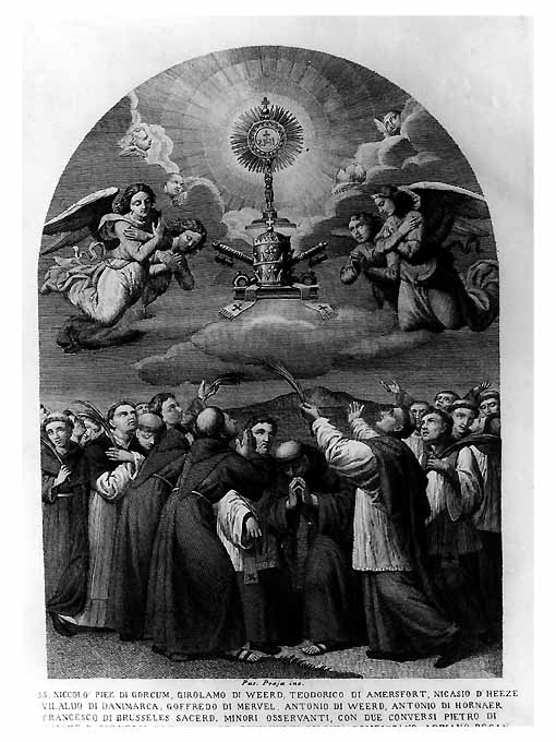 martiri gorcomiesi adorano il Santissimo Sacramento (stampa) di Proia Pasquale (sec. XIX)
