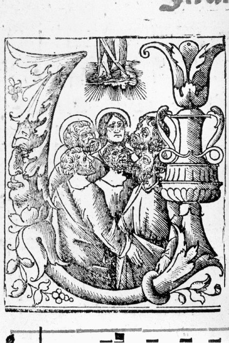 iniziale V istoriata con Ascensione di Cristo (stampa) - produzione Italia meridionale (secc. XVI/ XVII)